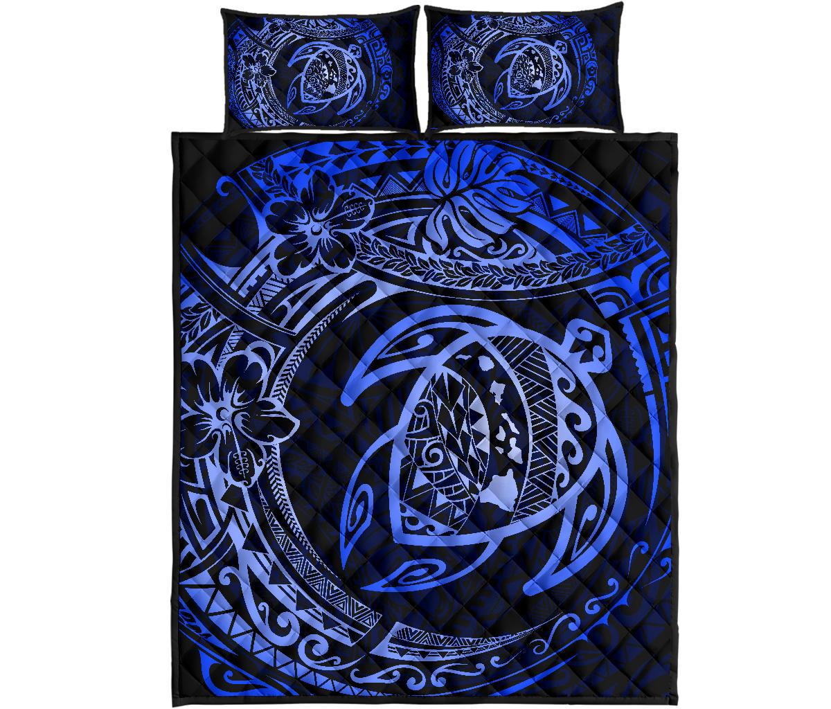 Hawaiian Map Turtle Polynesian Quilt Bedding Set Circle Blue Black - Polynesian Pride