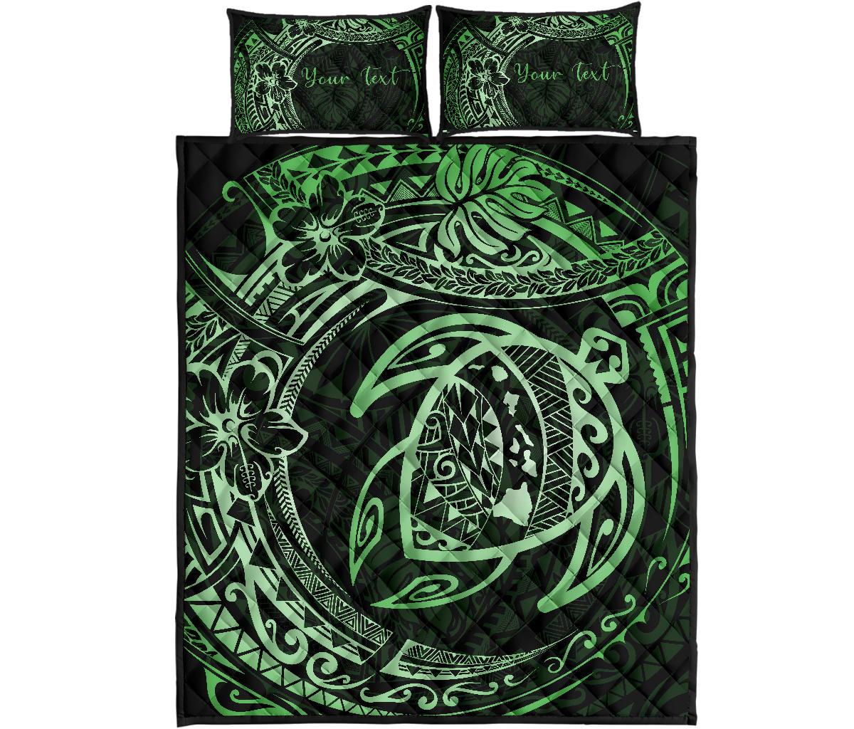 Personalized - Hawaii Map Turtles Hibiscus Quilt Bed Set - Green Green - Polynesian Pride