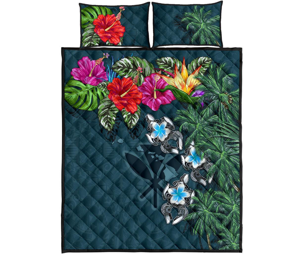 Kanaka Maoli (Hawaiian) Quilt Bed Set - Hibiscus Turtle Tattoo Blue Art - Polynesian Pride