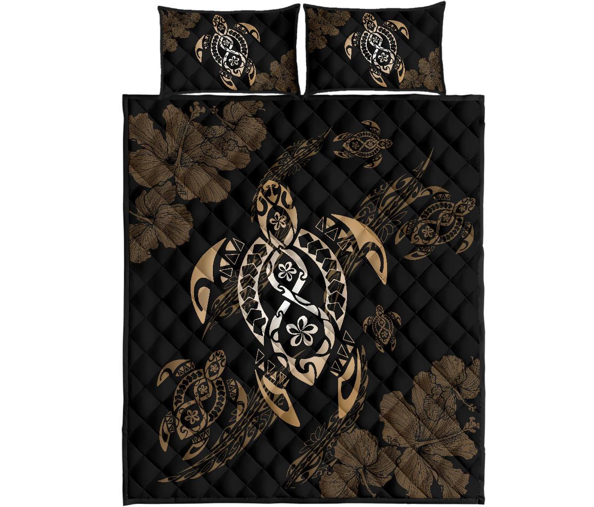 Hawaii Quilt Bed Set - Hawaii Polynesian Turtle Quilt Bed Set Flow Of Turtle Gold Black - Polynesian Pride