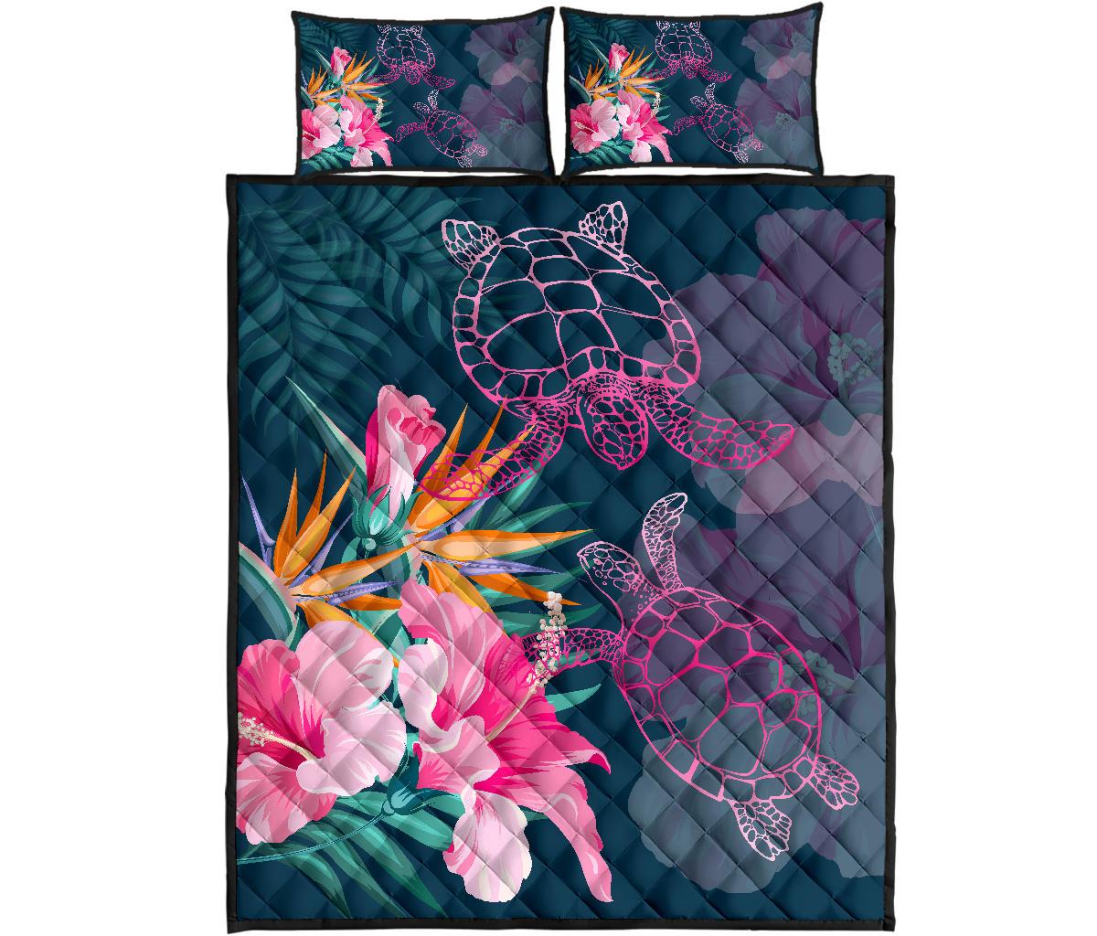 Hawaii Pink Turtles Hibiscus Tropical Quilt Bed Set - Vint Style - AH Art - Polynesian Pride