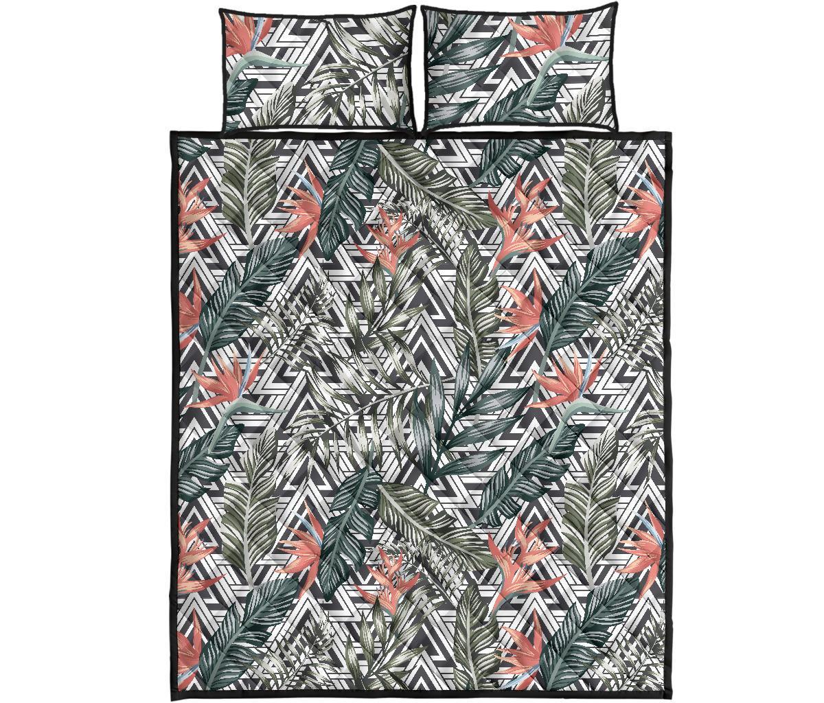 Tropical Palm Leaves And Flowers Quilt Bed Set Art - Polynesian Pride