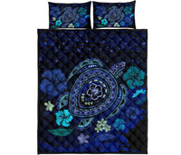 Hawaiian Blue Ocean Honu And Flowers Quilt Bed Set - Polynesian Pride