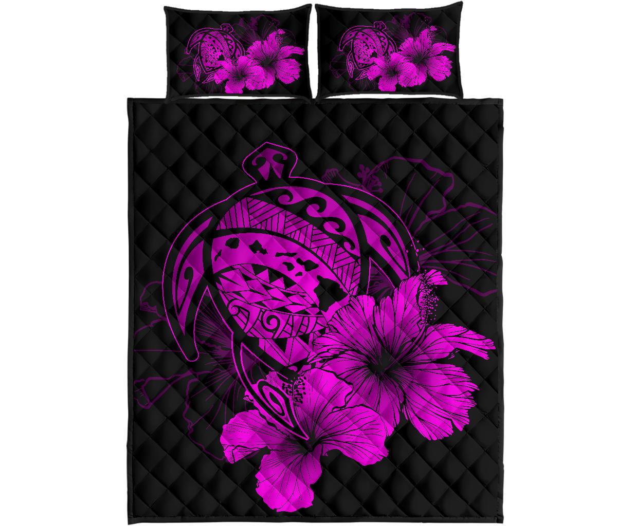 Hawaiian Map Turtle Hibiscus Polynesian Quilt Bedding Set - Violet Art - Polynesian Pride