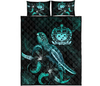 Samoa Polynesian Quilt Bed Set - Turtle With Blooming Hibiscus Turquoise - Polynesian Pride