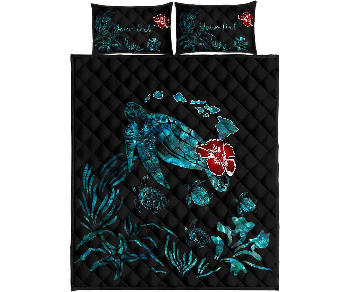 Personalized - Hawaii Ohana Honu Paua Shell Quilt Bed Set Black - Polynesian Pride