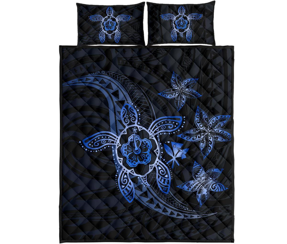 Kanaka Map Hibiscus Plumeria Turtle Art Blue Polynesian Quilt Bed Set Blue - Polynesian Pride