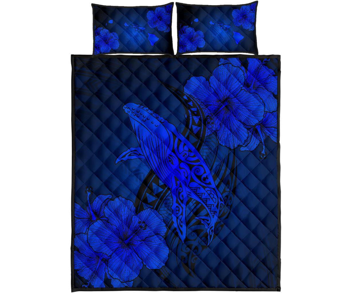 Hawaiian Whale Swim Hibiscus Polynesian Quilt Bedding Set - Blue Blue - Polynesian Pride