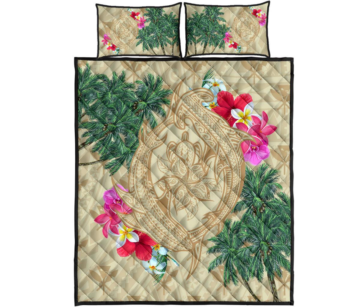 Hawaii Kanaka Maoli Palm Trees Turtle And Sharks Quilt Bed Set Beige - Polynesian Pride