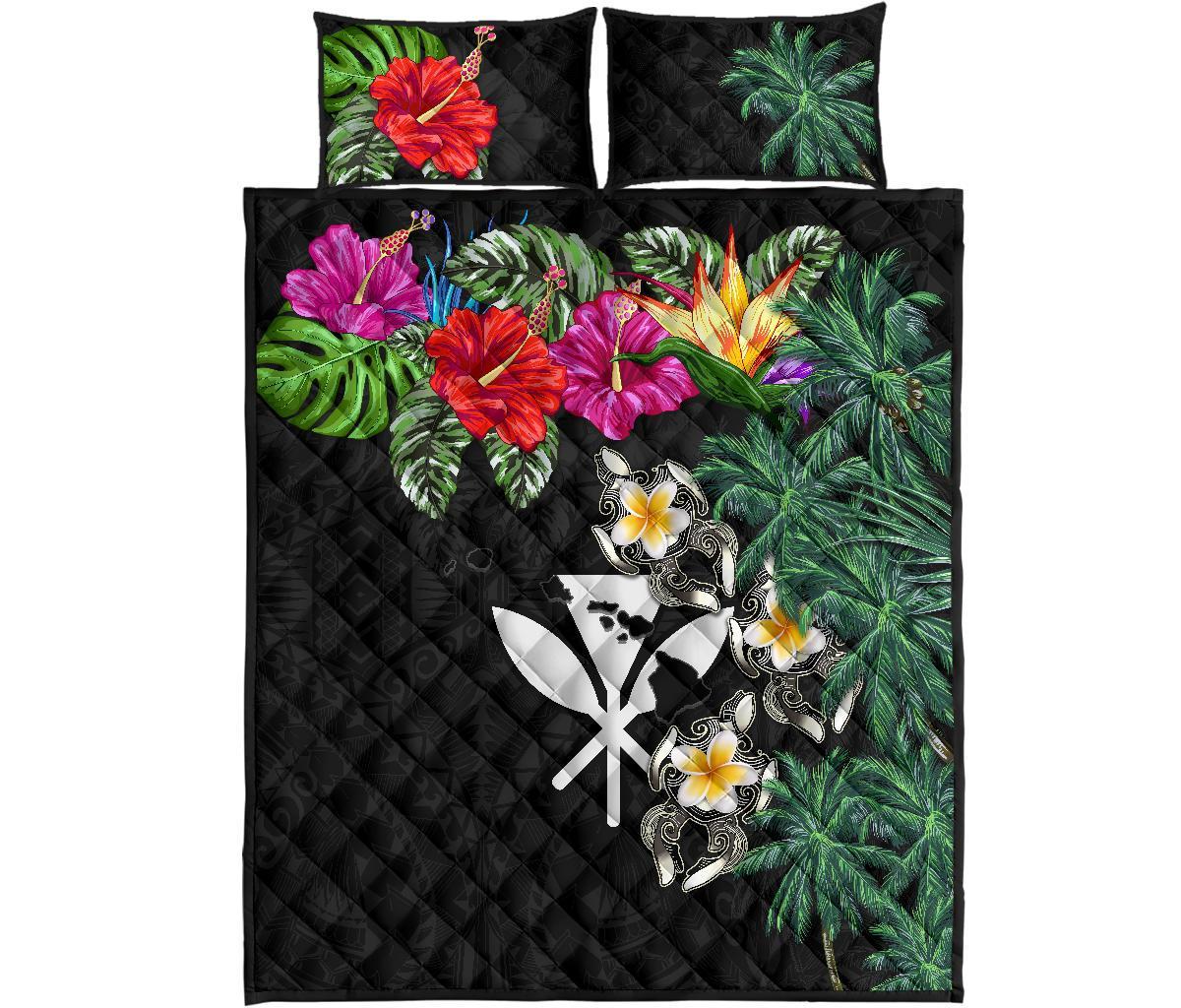 Kanaka Maoli (Hawaiian) Quilt Bed Set - Hibiscus Turtle Tattoo Black Black - Polynesian Pride