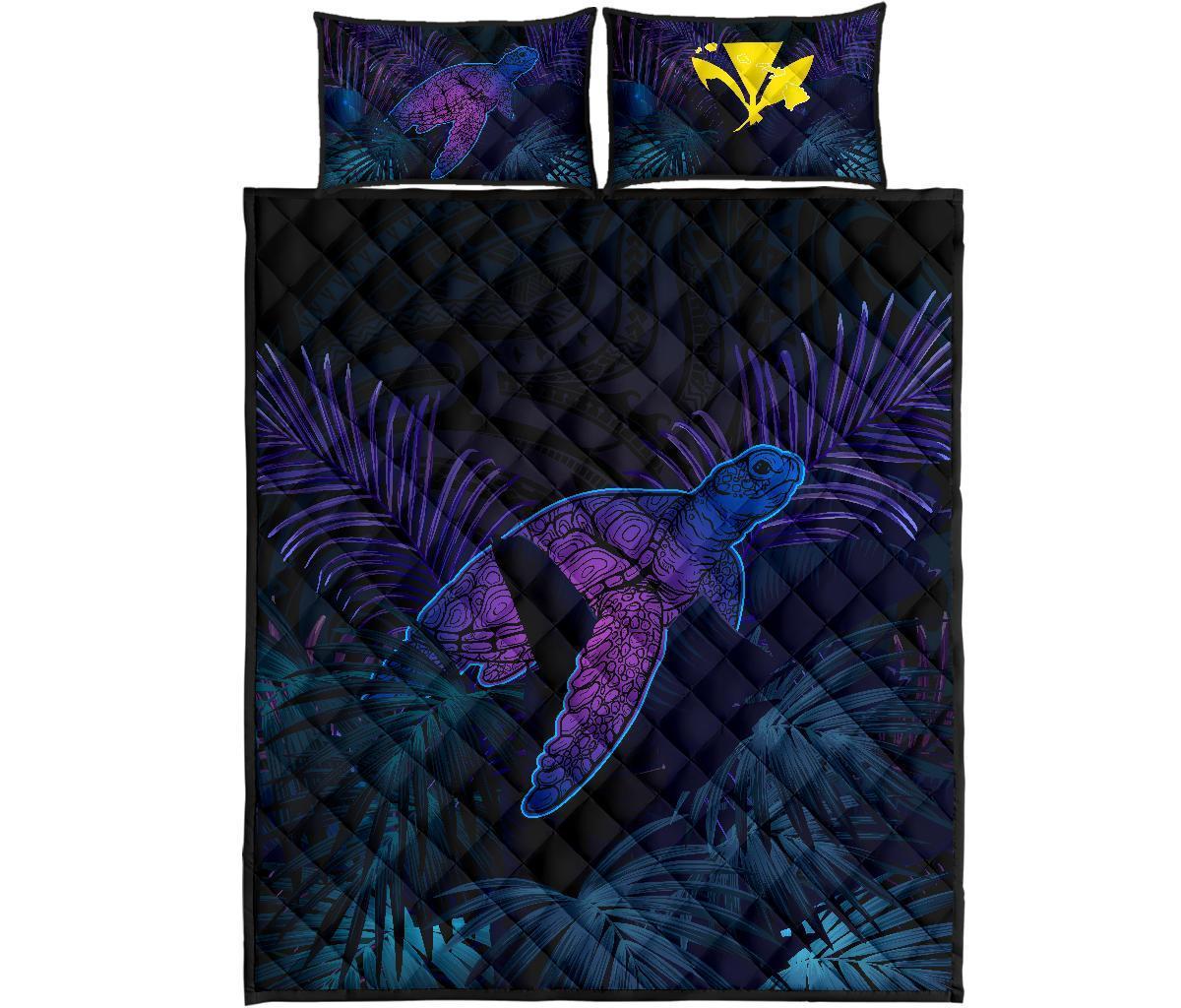 Hawaii Quilt Bed Set - Hawaii Turtle And Palm Polynesian Retrospective Black - Polynesian Pride