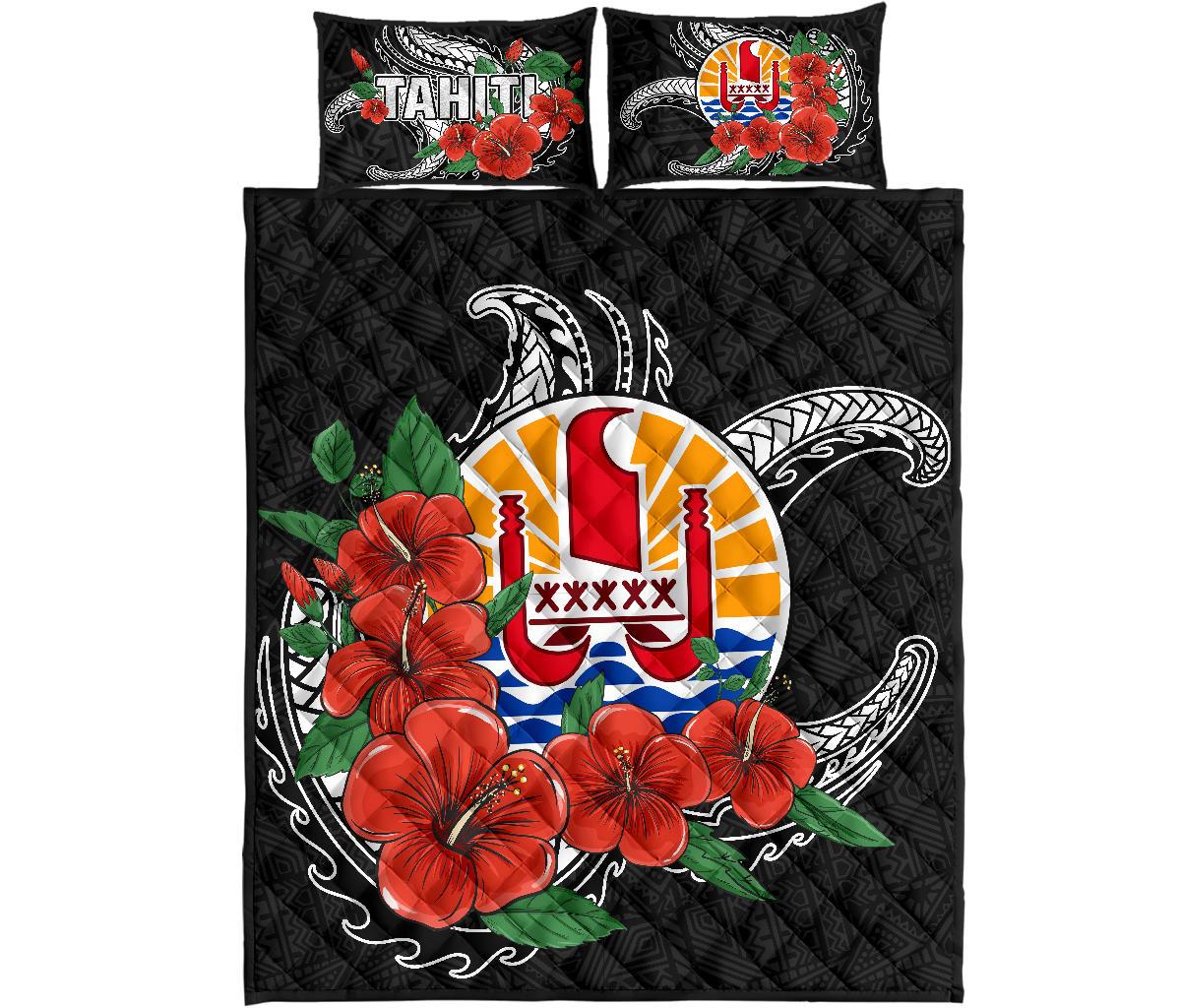 Tahiti Polynesian Quilt Bed Set - Hibiscus Coat of Arm Black - Polynesian Pride
