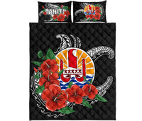 Tahiti Polynesian Quilt Bed Set - Hibiscus Coat of Arm Black - Polynesian Pride