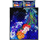 Cook Islands Custom Personalised Quilt Bed Set - Humpback Whale with Tropical Flowers (Blue) - Polynesian Pride