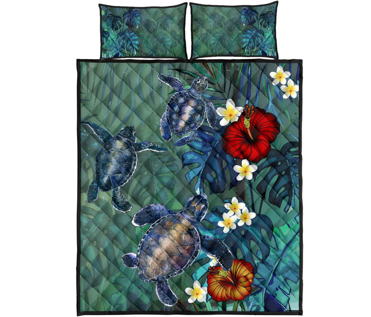 Hawaii Turtle Tropical Art Quilt Bed Set - Hela Style Green - Polynesian Pride