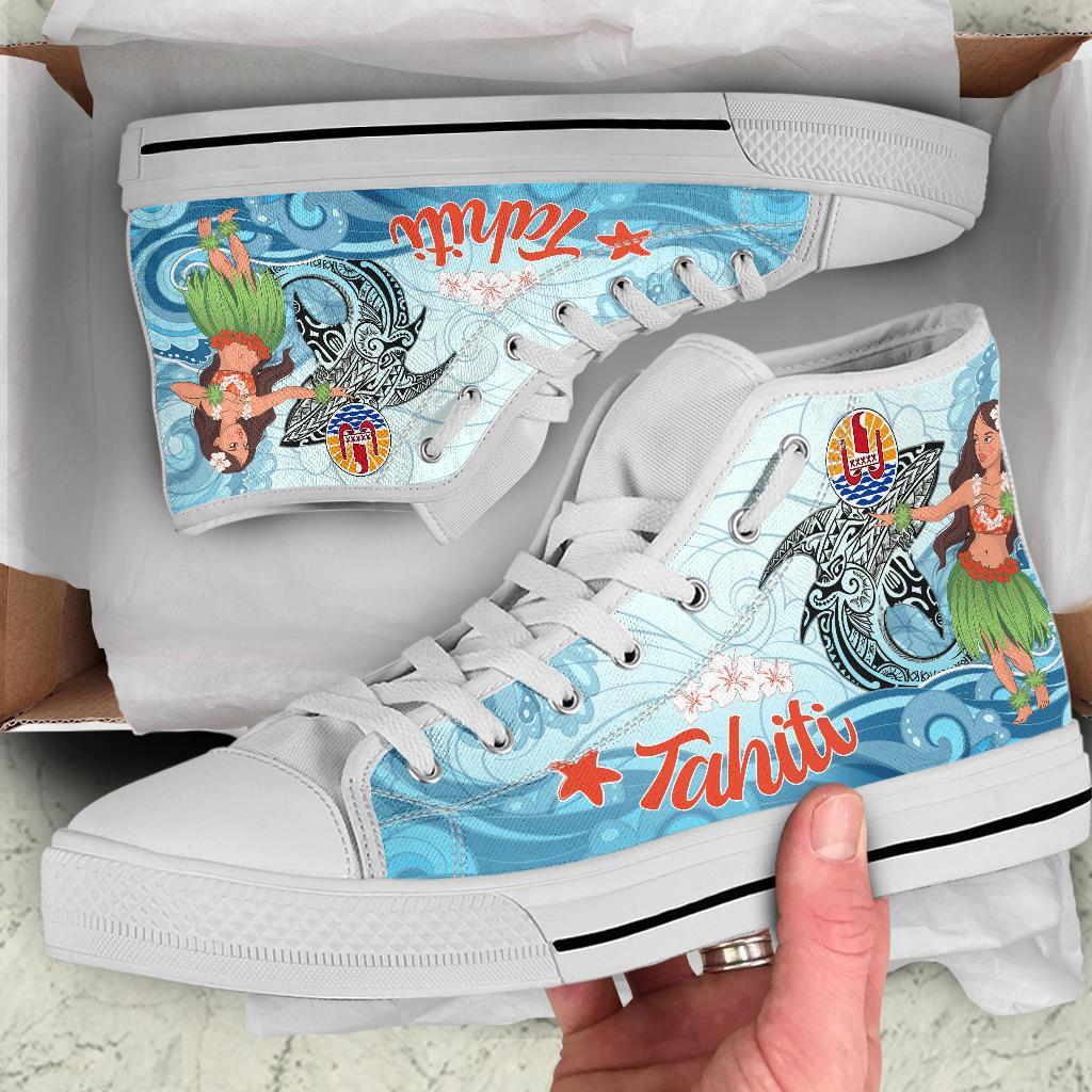 French Polynesia Tahiti High Top Shoes - Polynesian Girls With Shark Unisex Black - Polynesian Pride