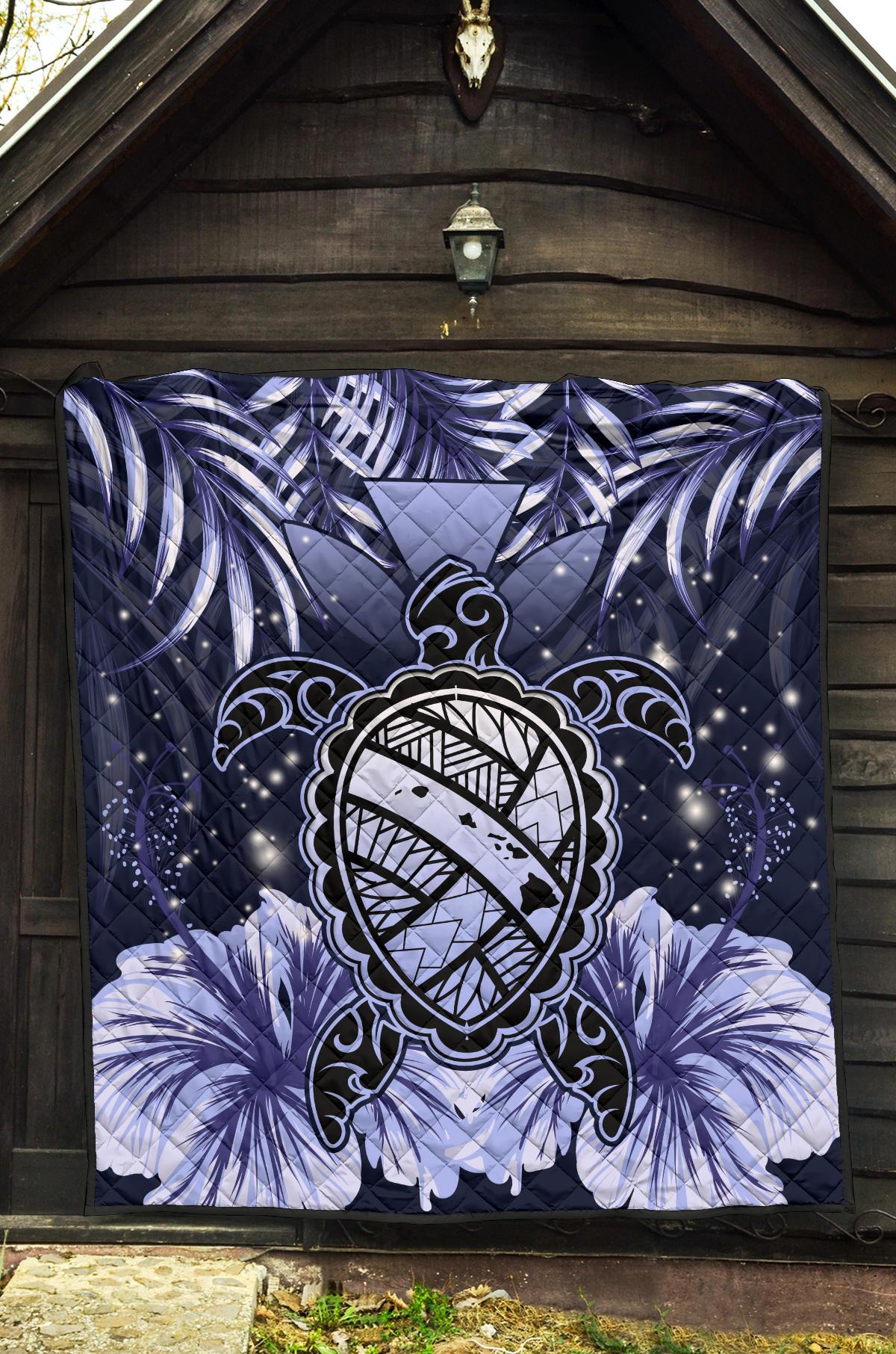 Hawaii Turtle Hibiscus Blue Premium Quilt - Hac Style - AH - Polynesian Pride
