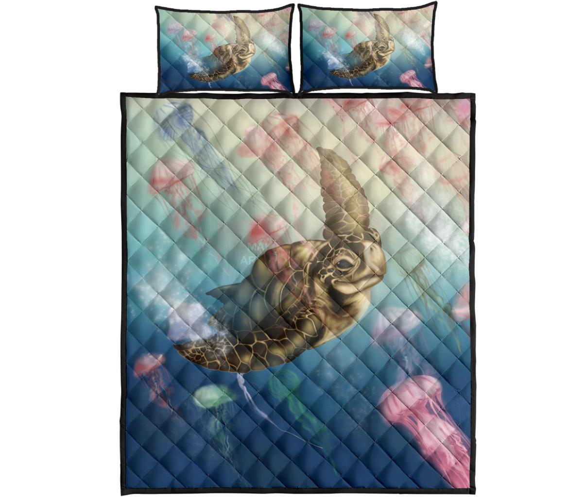 Hawaii Turtle And Jellyfish In Deep Sea Moana Quilt Bed Set Blue - Polynesian Pride