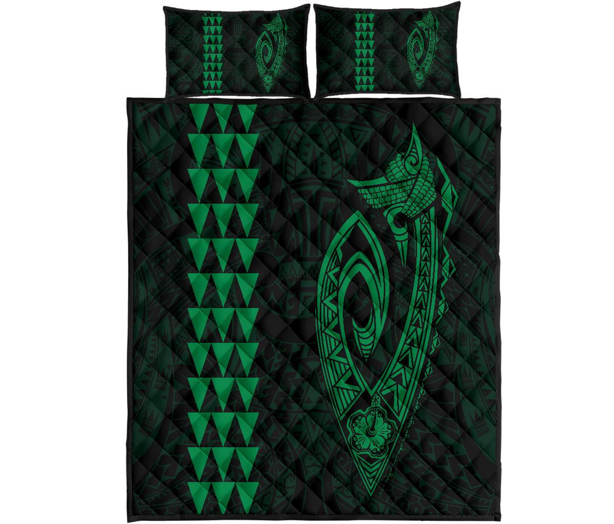 Hawaii Kakau Makau Fish Hook Polynesian Quilt Bed Set - Green Green - Polynesian Pride