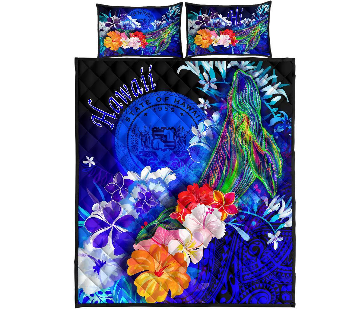 Polynesian Hawaii Quilt Bed Set - Humpback Whale with Tropical Flowers (Blue) - Polynesian Pride