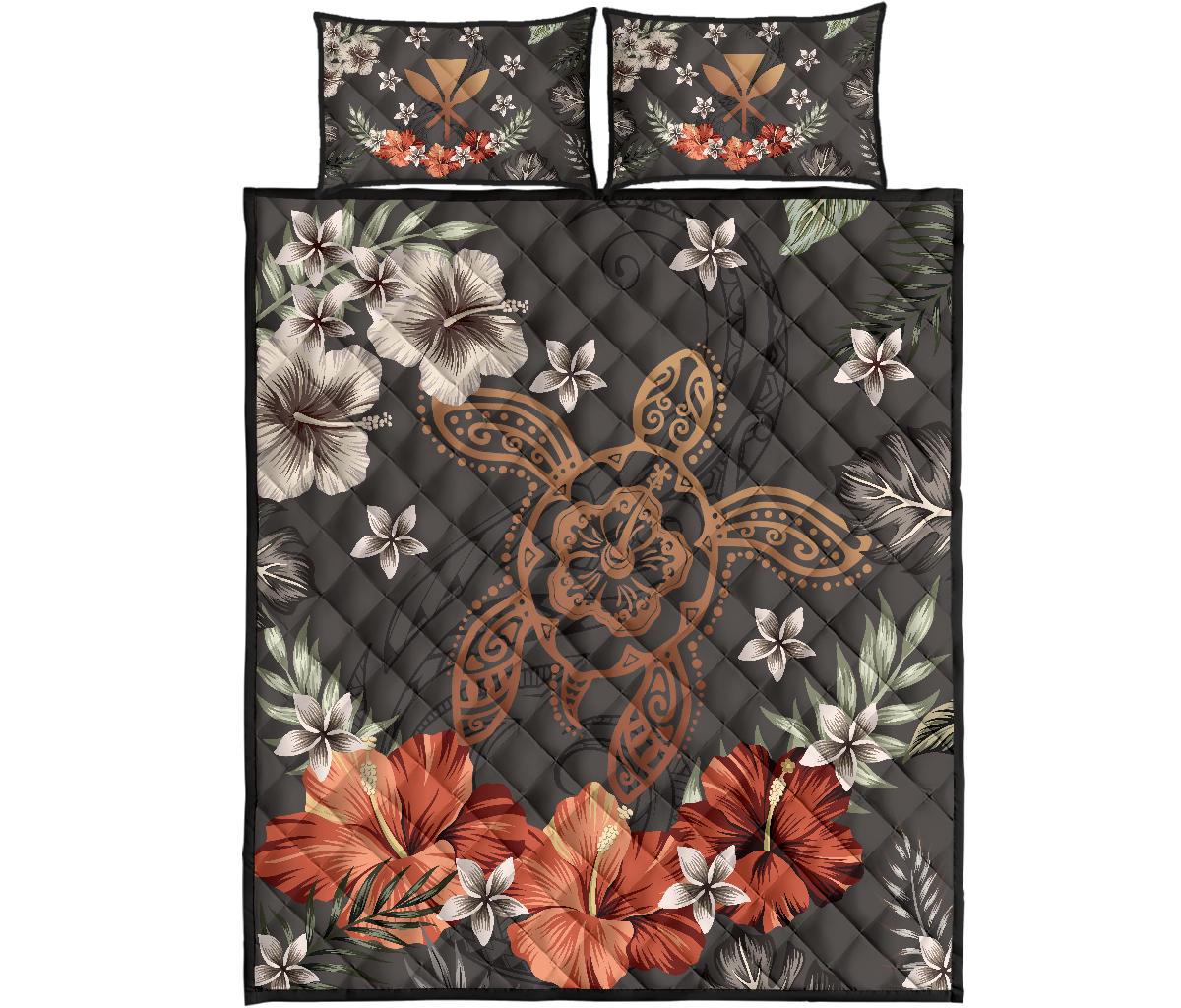 Hawaii Turtle Polynesian Hibiscus Kanaka Style Tropical- Quilt Bed Set AH Gray - Polynesian Pride