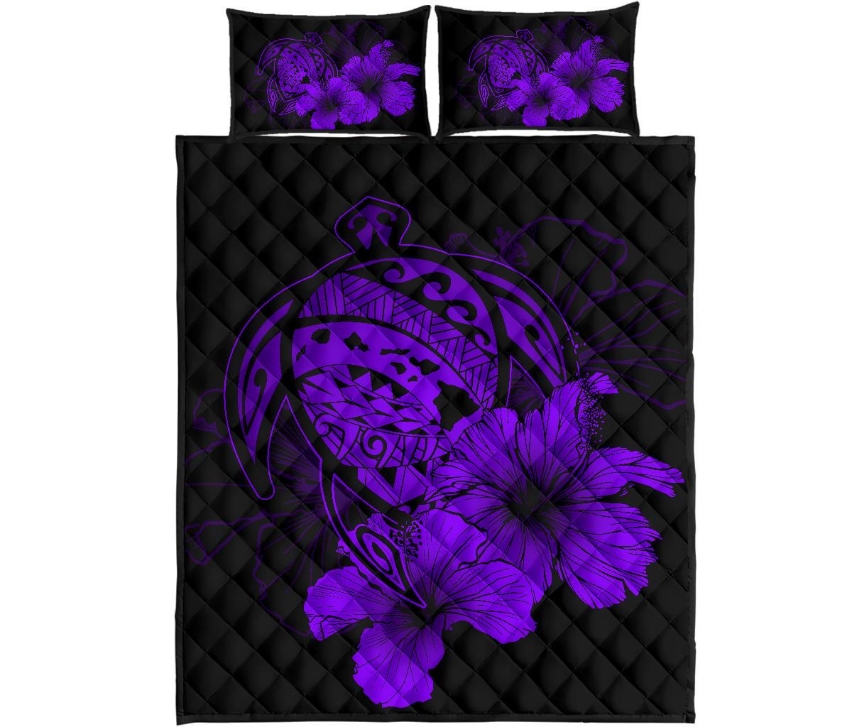 Hawaiian Map Turtle Hibiscus Polynesian Quilt Bedding Set - Purple Art - Polynesian Pride