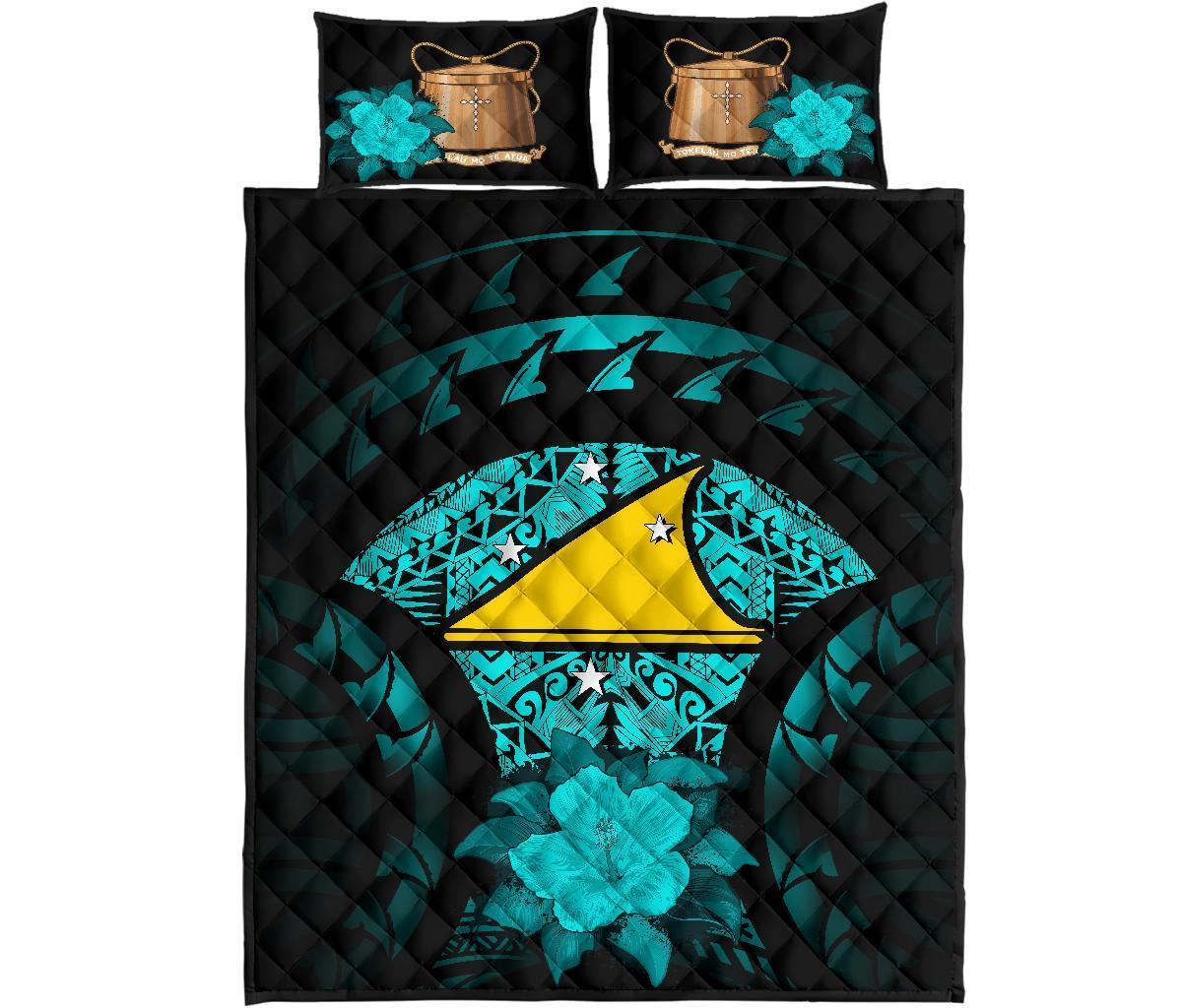 Tokelau Polynesian Quilt Bed Set Hibiscus Turquoise - Polynesian Pride