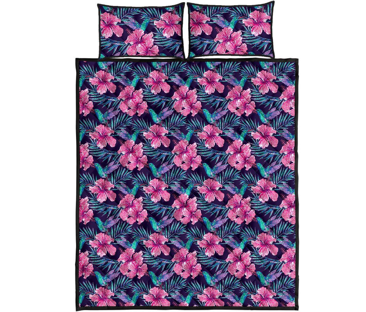 Tropical Flowers With Hummingbirds Palm Leaves Quilt Bed Set Art - Polynesian Pride