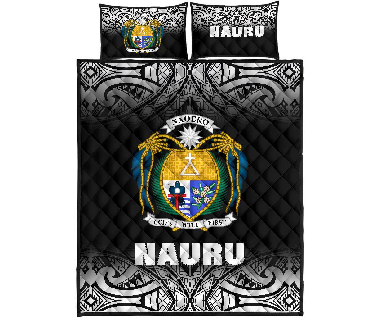 Nauru Quilt Bed Set - Nauru Coat Of Arms Polynesian Tattoo Black Fog Style Black - Polynesian Pride