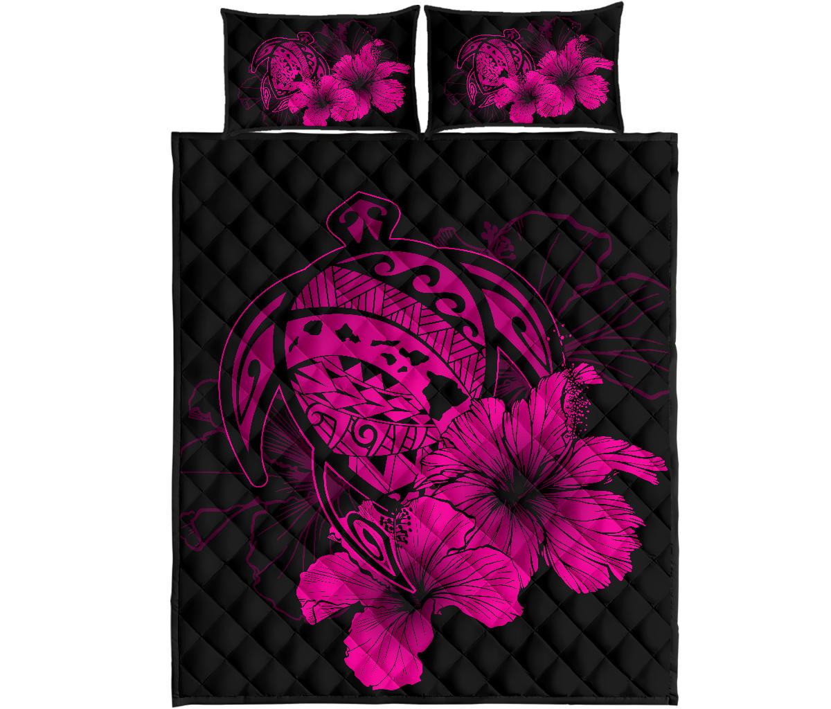 Hawaiian Map Turtle Hibiscus Polynesian Quilt Bedding Set - Pink Art - Polynesian Pride