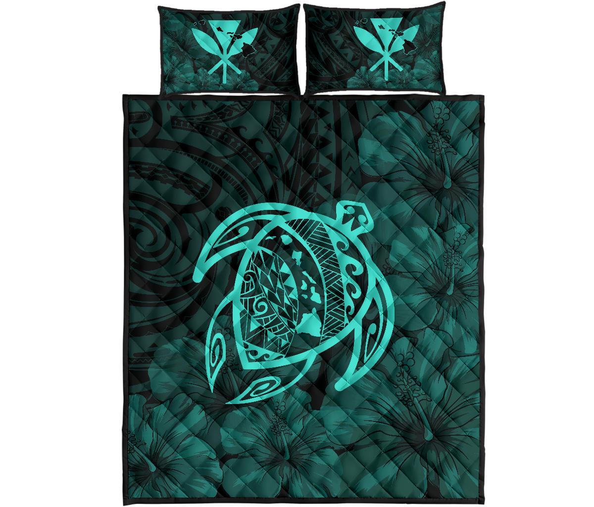 Hawaii Turtle Kanaka Map Hibiscus Poly Quilt Bed Set - Turquoise Turquoise - Polynesian Pride