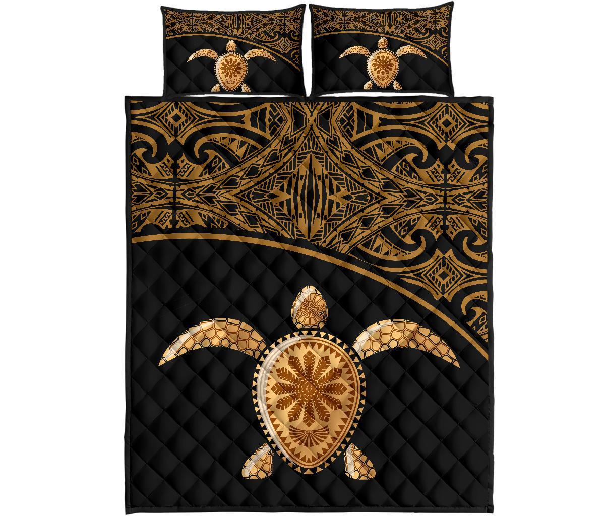 Polynesian Quilt Bed Set - Polynesian Turtle Gold Curve Style Gold - Polynesian Pride