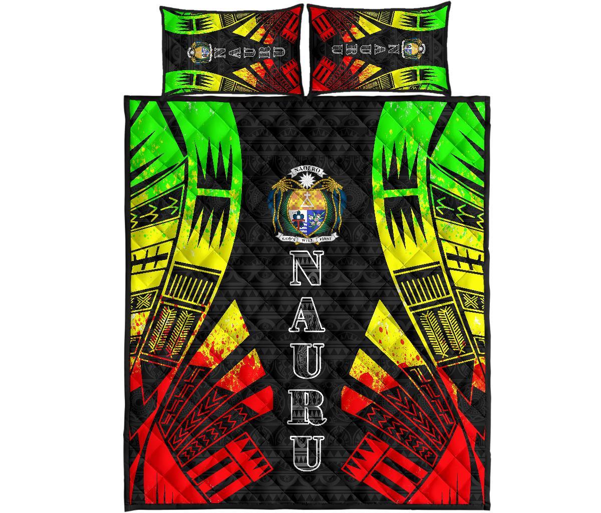 Nauru Quilt Bed Set - Nauru Coat Of Arms & Polynesian Reggae Tattoo Style Art - Polynesian Pride