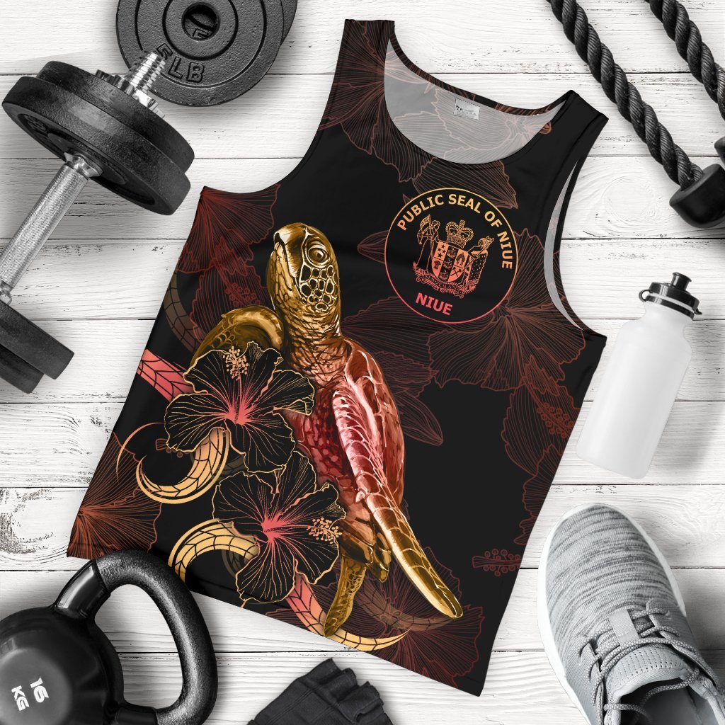 Niue Men Tank Top - Turtle With Blooming Hibiscus Gold Gold - Polynesian Pride