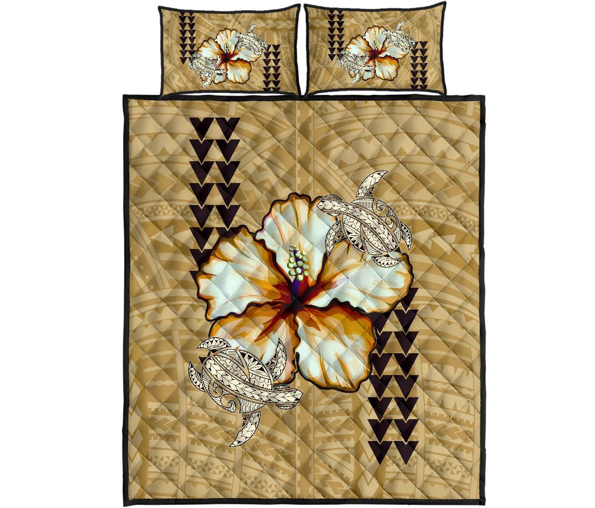 Hawaii Quilt Bed Set - Hawaiian Vintage Hibiscus Beige Beige - Polynesian Pride