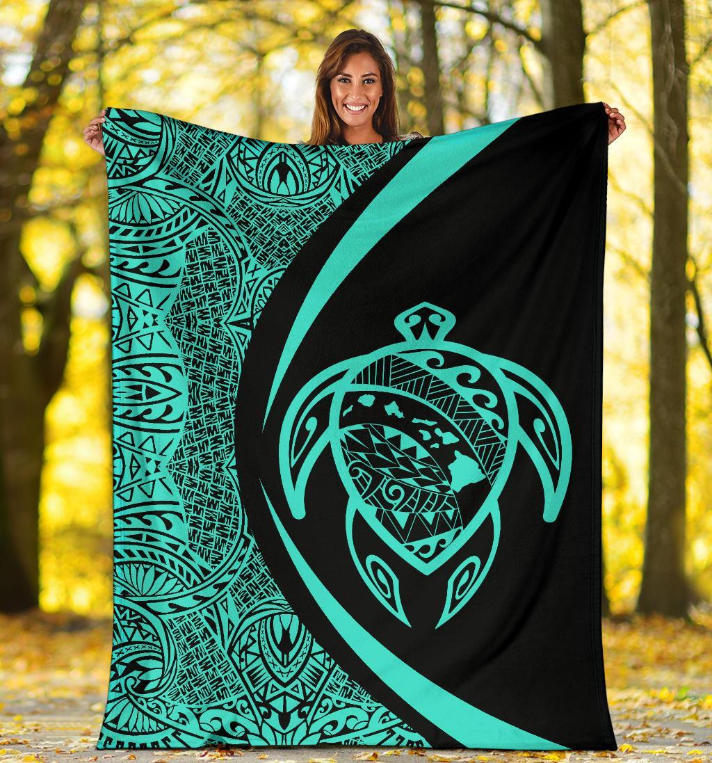Hawaii Turtle Map Polynesian Premium Blanket - Turquoise - Circle Style - Polynesian Pride