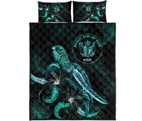 Niue Polynesian Quilt Bed Set - Turtle With Blooming Hibiscus Turquoise - Polynesian Pride