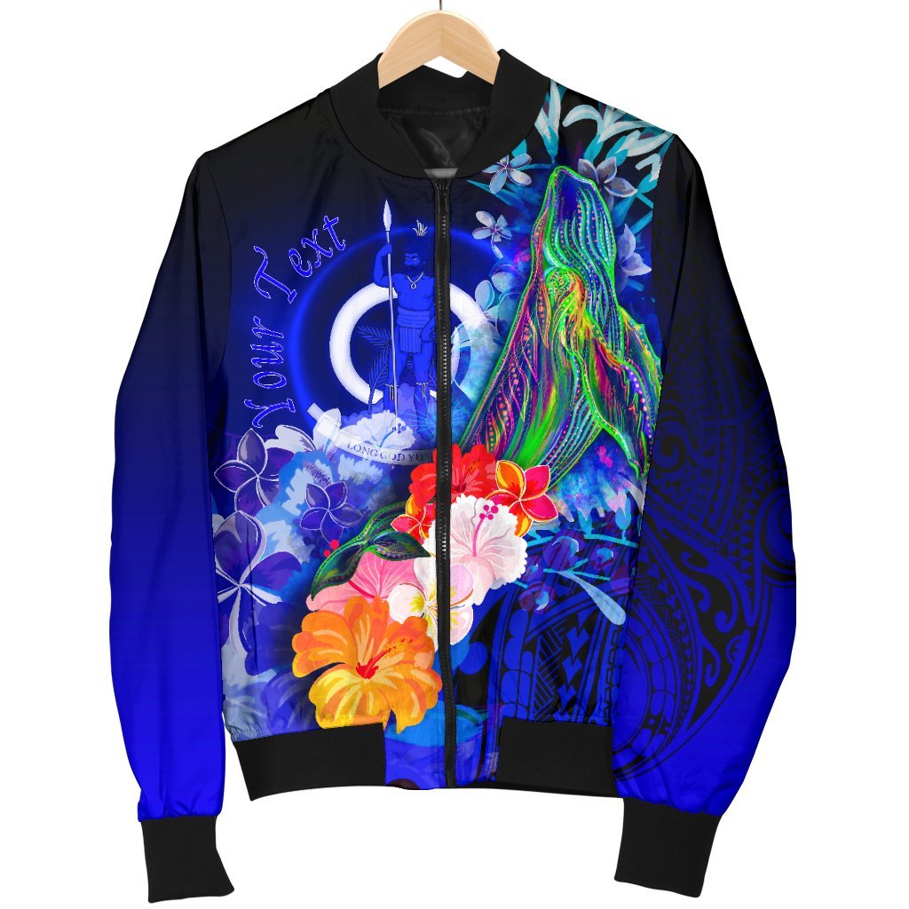 Vanuatu Custom Personalised Men's Bomber Jacket - Humpback Whale with Tropical Flowers (Blue) - Polynesian Pride