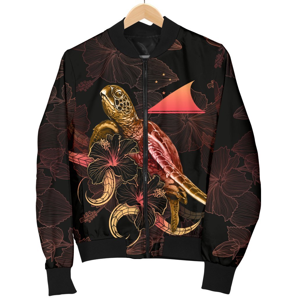 Tokelau Polynesian Men's Bomber Jacket - Turtle With Blooming Hibiscus Gold - Polynesian Pride