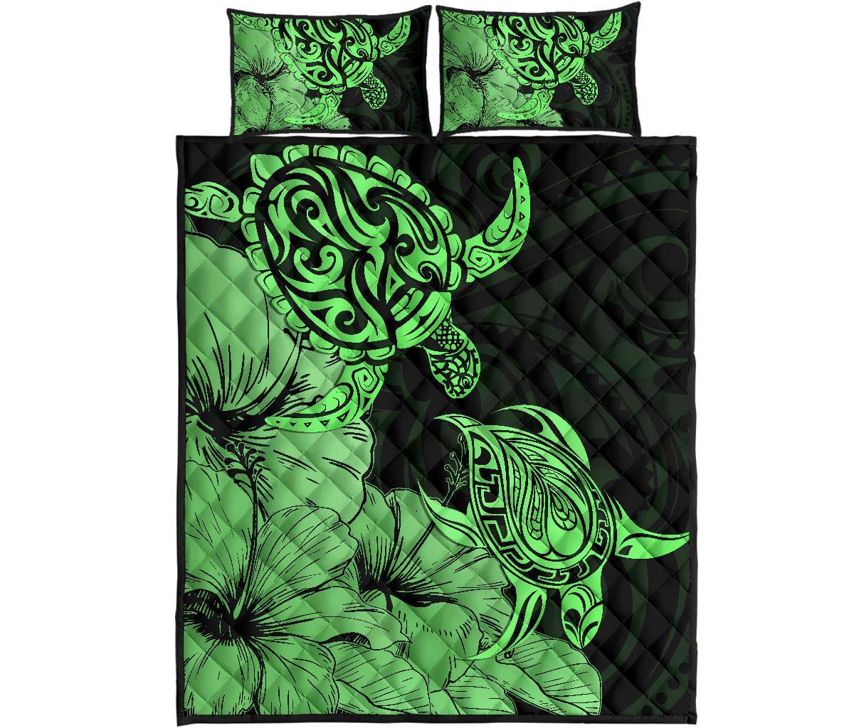 Hawaii Turtle Quilt Bed Set Polynesian Hibiscus Art Green AH Green - Polynesian Pride