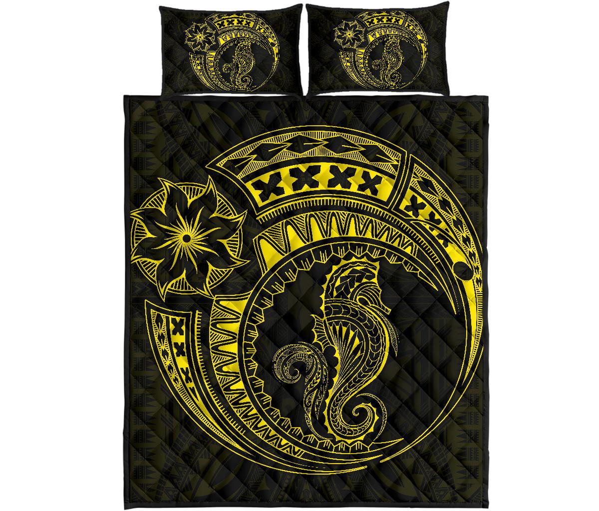 Polynesian Quilt Bed Set - Polynesian Yellow Seahorse Tattoo Yellow - Polynesian Pride