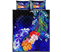 Cook Islands Quilt Bed Set - Humpback Whale with Tropical Flowers (Blue) - Polynesian Pride