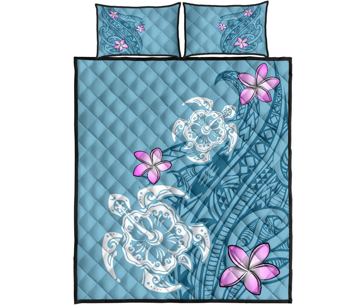 Hawaii Turtle Plumeria Polynesian Simple Quilt Bed Set Blue - Polynesian Pride