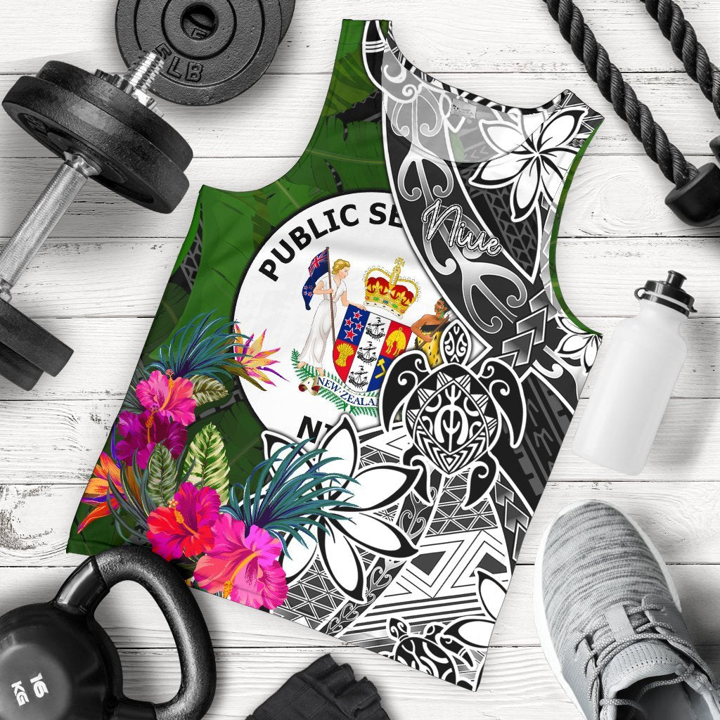 Niue Men Tank Top - Turtle Plumeria Banana Leaf Black - Polynesian Pride