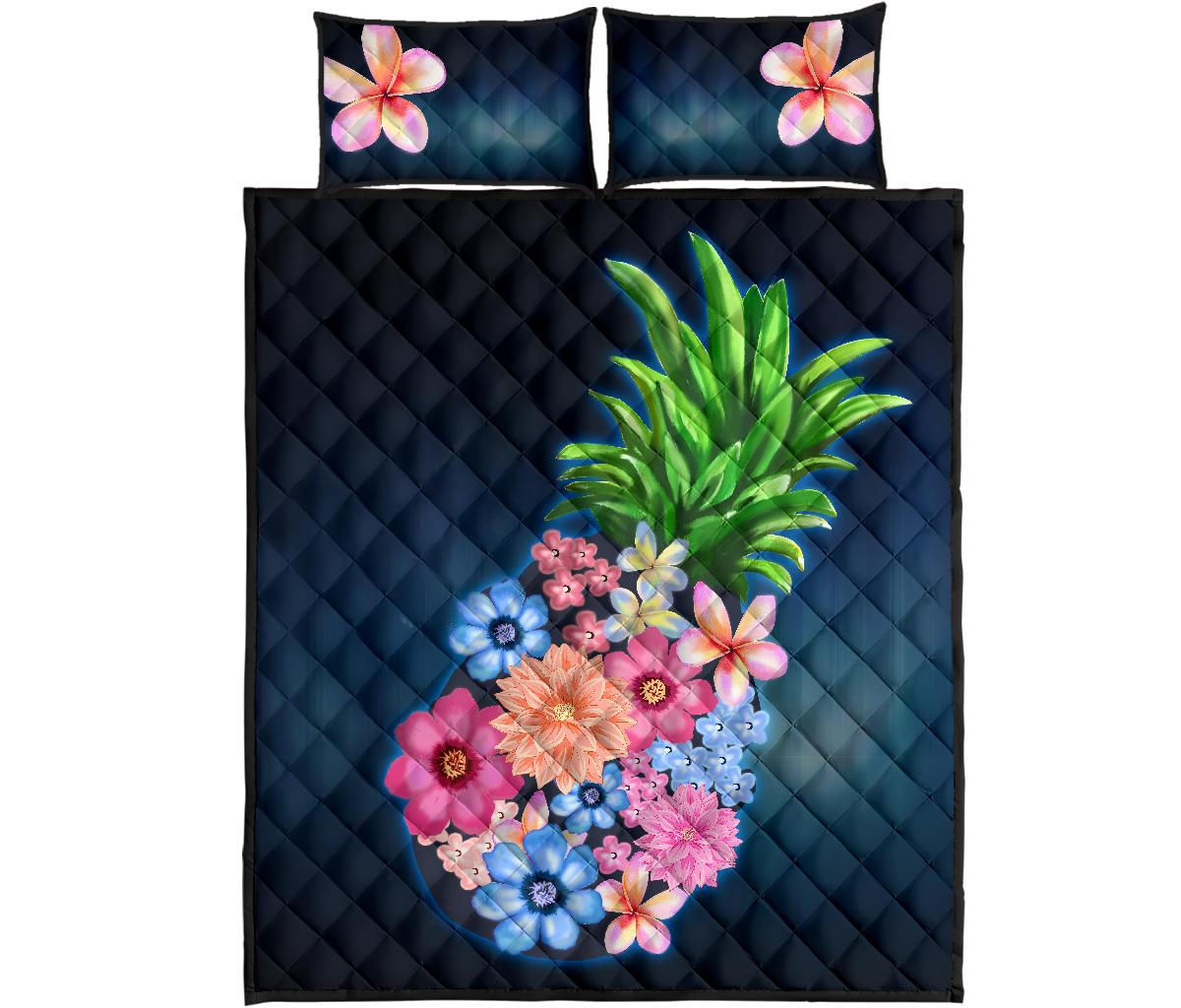 Pineapple Hibiscus Pattern Quilt Bed Set Black - Polynesian Pride