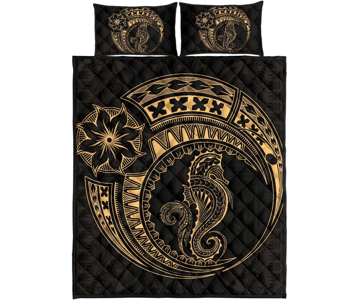 Polynesian Quilt Bed Set - Polynesian Gold Seahorse Tattoo Gold - Polynesian Pride