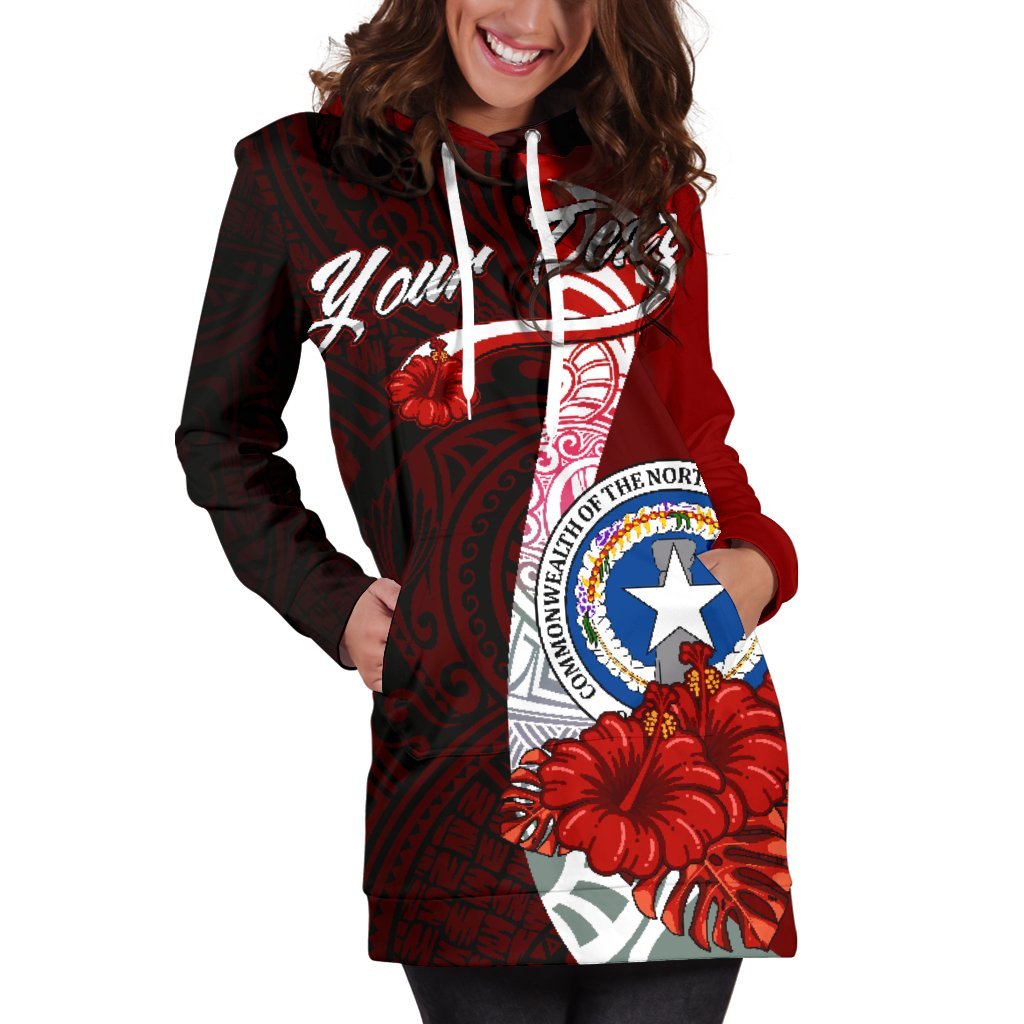 Northern Mariana Islands Polynesian Custom Personalised Hoodie Dress - Coat Of Arm With Hibiscus - Polynesian Pride