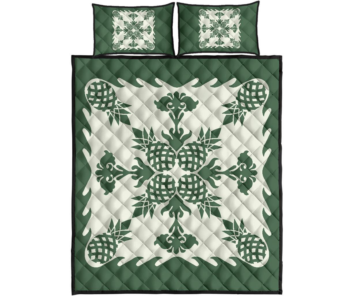 Hawaiian Quilt Bed Set Pineapple Pattern - Green Green - Polynesian Pride