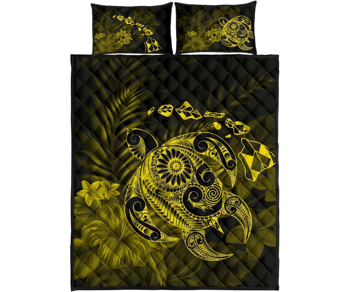 Hawaii Turtle Map Hibiscus Polynesian Yellow Quilt Bed Set Yellow - Polynesian Pride