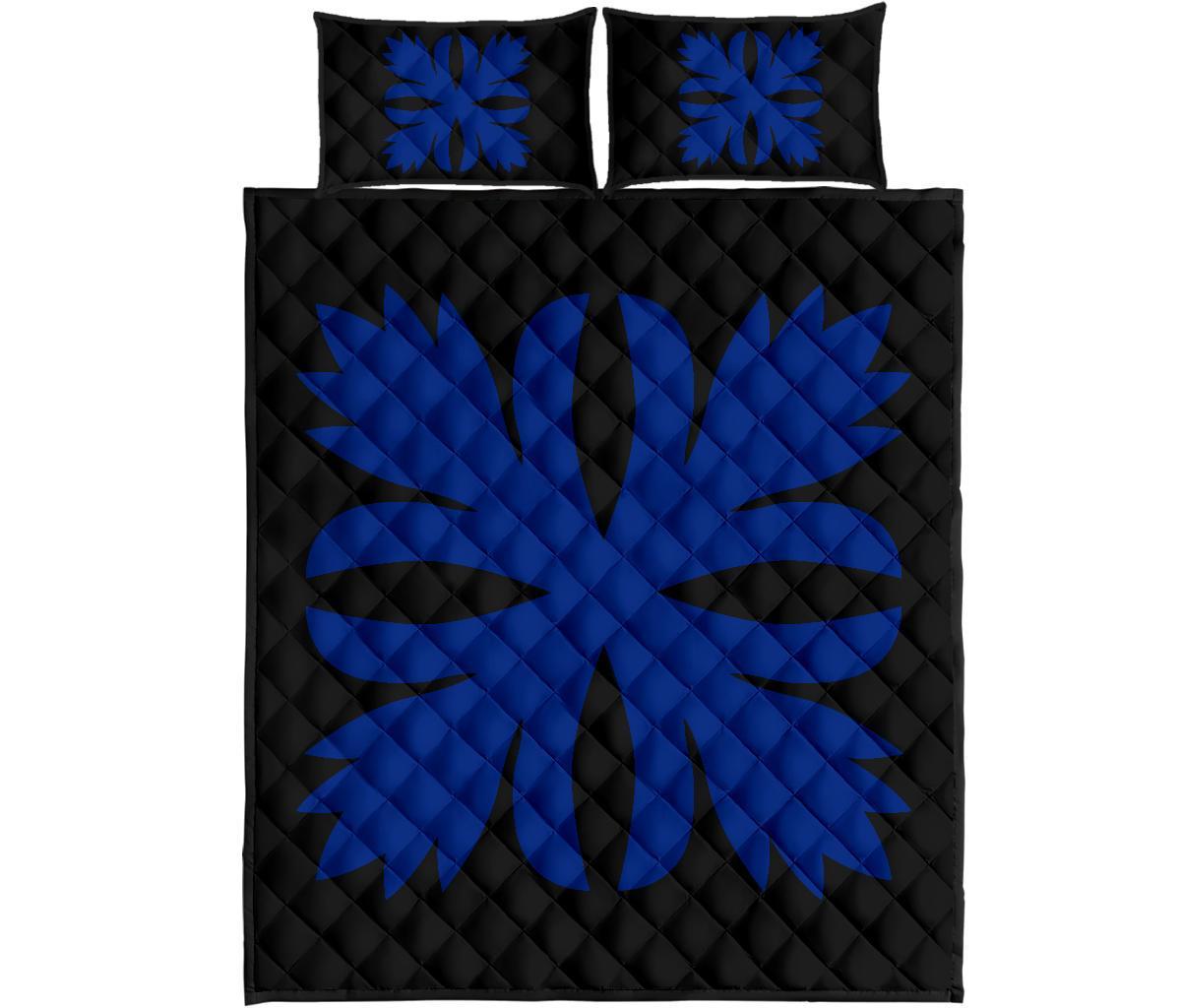Hawaiian Royal Pattern Quilt Bed Set - Black And Blue - C3 Style - Polynesian Pride